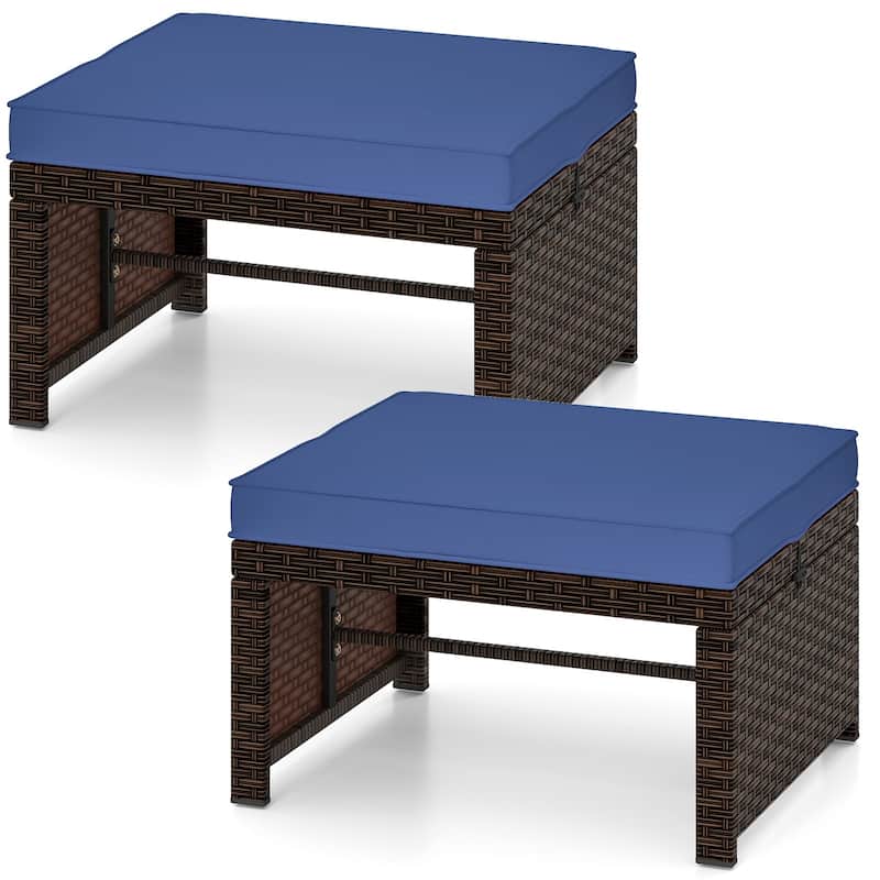 Set of 2 Outdoor Rattan Footstools Ottomans with Cushions for Patio Decor or Garden Seating - 16" L x 19" W x 9.5" H - Navy Blue