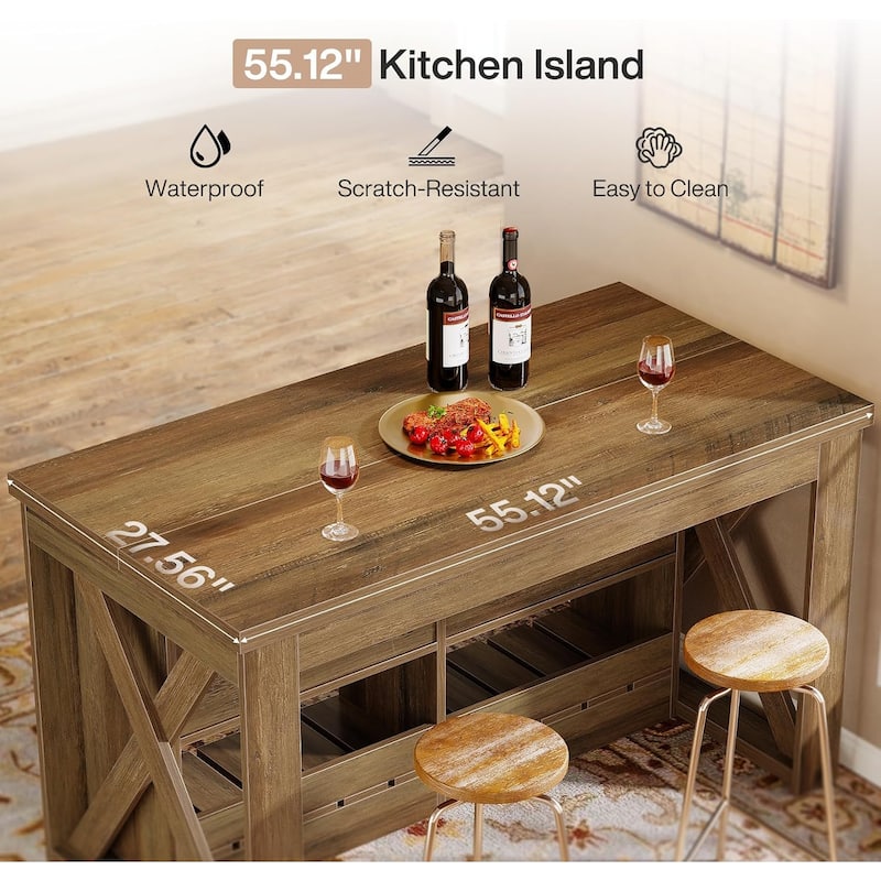 55-inch Kitchen Island with Storage and Seating, Farmhouse Wooden Bar Table with 2 Drawers and Open Shelf