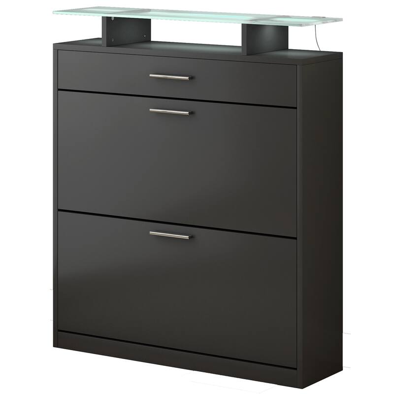 Contemporary Shoe Rack Storage Cabinet with Adjustable Shelves, Tempered Glass Top and LED Lighting, for Hallway Organize