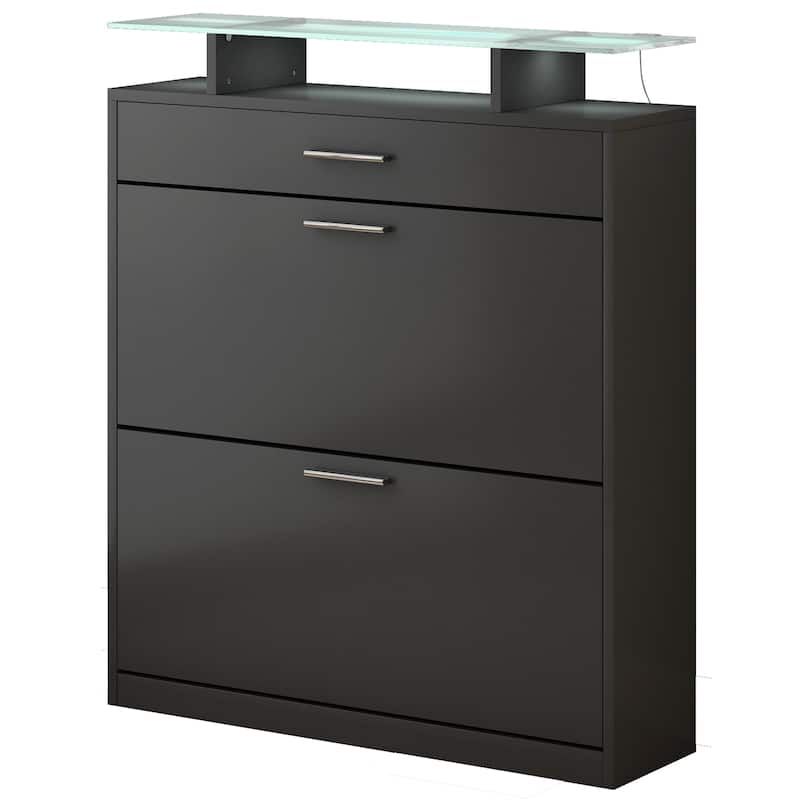 Slim Hidden Shoe Cabinet with 2 Flip Drawers, Tempered Glass Top Shoe Storage Cabinet, Freestanding LED Light Shoe Rack