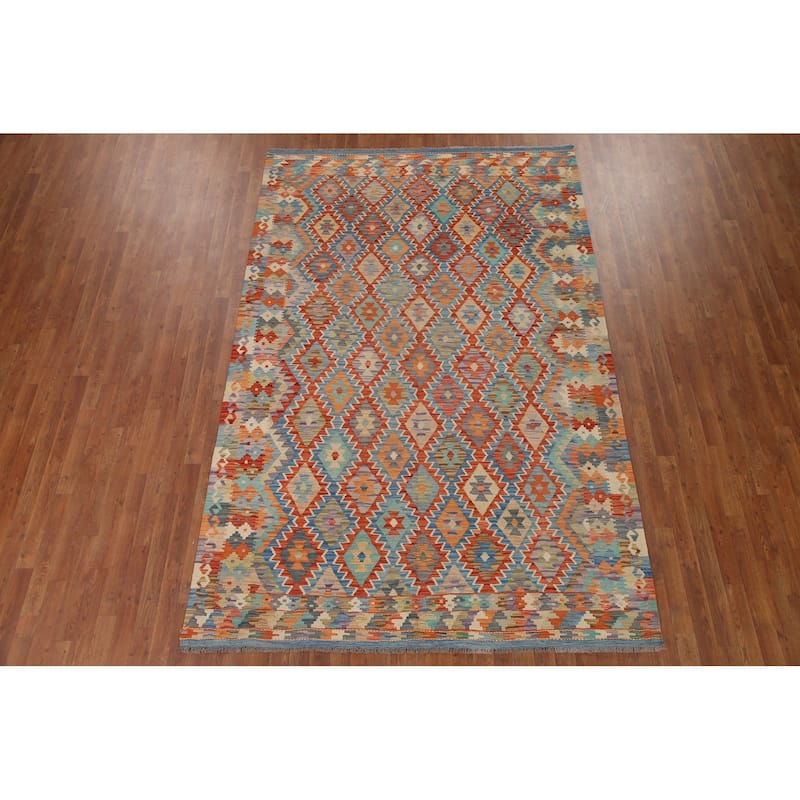 Hand Woven Oriental 100% Wool Carpet Southwestern All-Over Multi-Colored Kilim Area Rug - 9' 10'' X 6' 5''