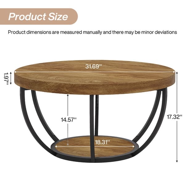 dimension image slide 2 of 6, 31.7" Round Coffee Table, Rustic 2-Tier Center Table with Storage Open Shelves