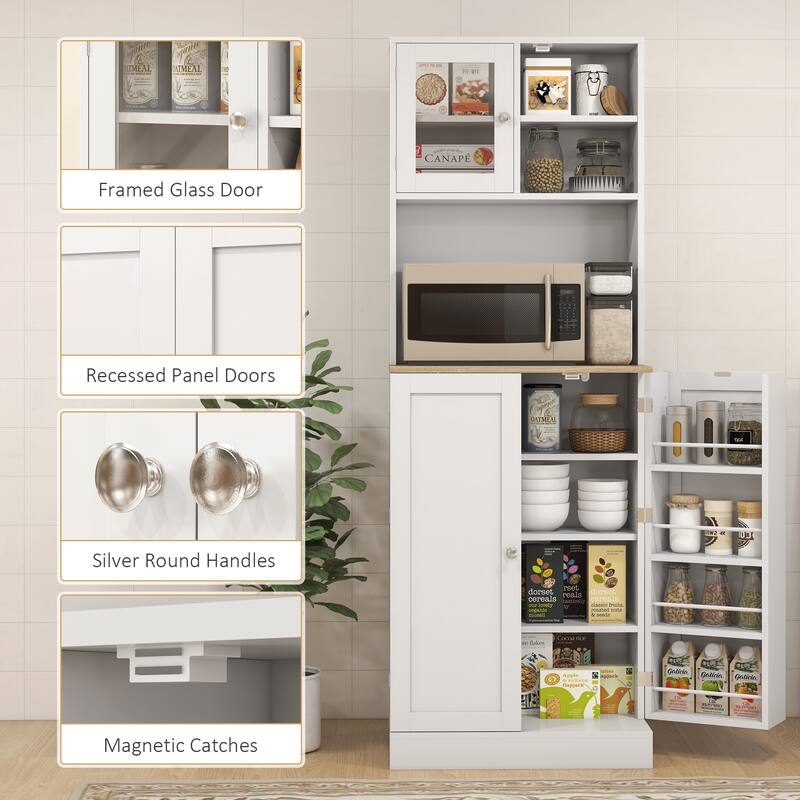 Freestanding Kitchen Cabinet Buffet with Adjustable Shelves and Open Countertop, Pantry Storage Cabinet with Microwave Stand - White