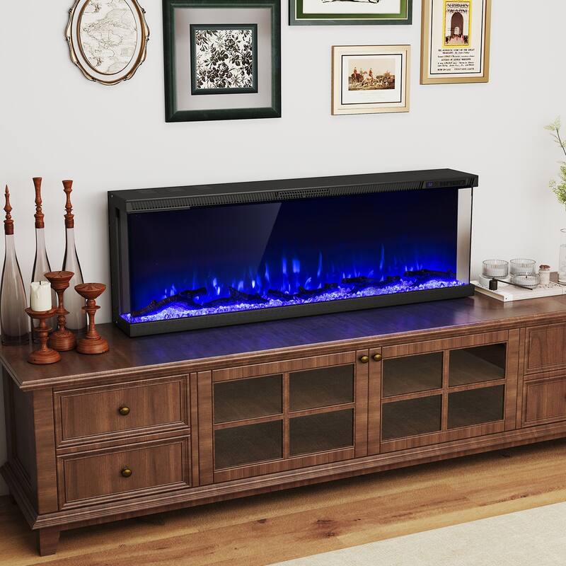 Black 3-Sided Electric Fireplace with Remote and Panoramic Tempered Glass Flames 5000 BTU Heater