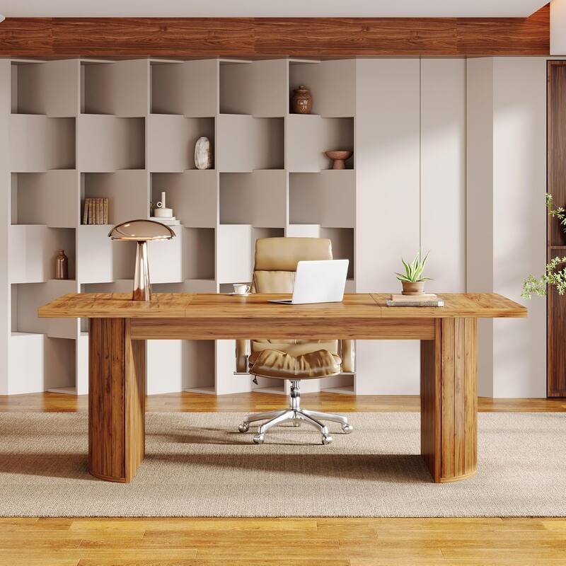 Brown Wood 78.7 Inches Long Computer Desk Large Executive Desk