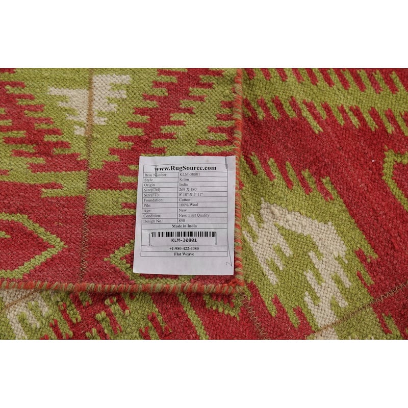 Geometric Kilim Oriental Area Rug Flatweave Pink Wool Carpet - 5'11"x 8'10"