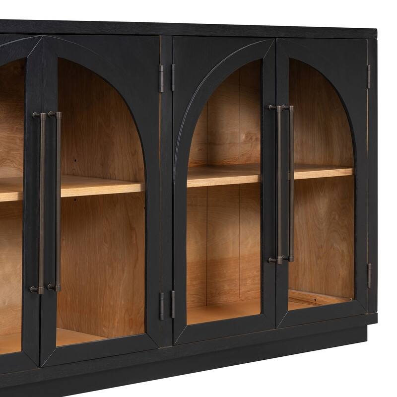 Retro Style Wood Buffet Sideboard with 4 Arched Glass Doors, Kitchen Storage Side Cabinet with Adjustable Shelves