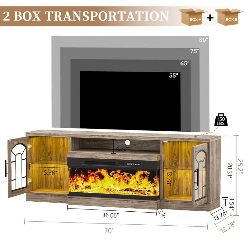 Waleaf 60" Fireplace TV Stand with 3-Sided Glass Fireplace, Farmhouse Entertainment Center Modern Console