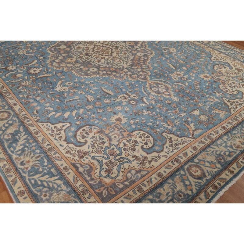 Floral Tabriz Persian Rug Handmade Blue Traditional Wool Carpet - 9'9"x 12'9"