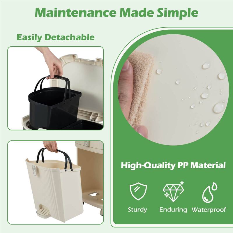 Costway 11 Gallon Kitchen Trash Can with Lid, 2 Removable Buckets, - Beige