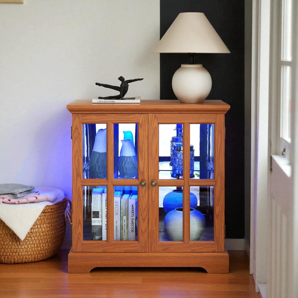 LED Lighted Curio Display Cabinet with Adjustable Shelves, Retro Glass Showcase and Lattice Doors