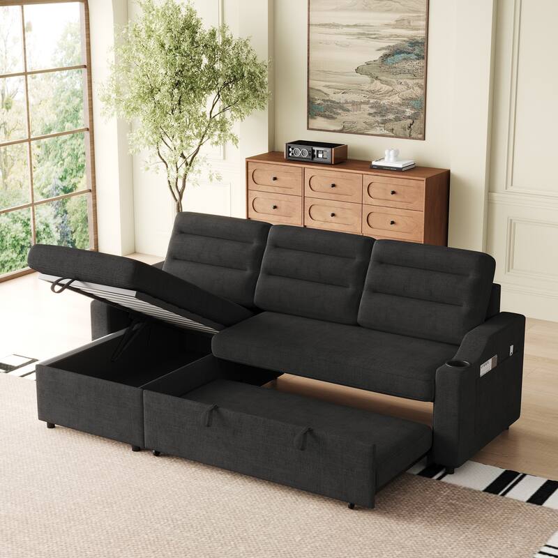 83.5" Convertible Sleeper Sofa - Polyester Sectional Sofa Bed with Pullout Bed and Cup Holder