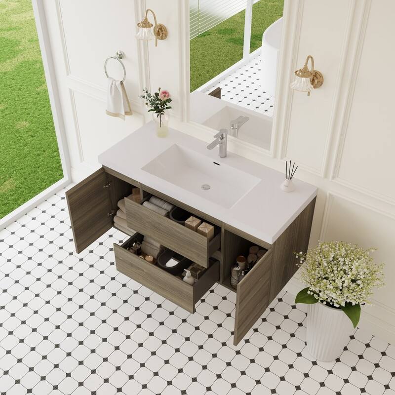 ABRUZZO 48" Floating Bathroom Vanity with Integrated Resin Top Basin 2 Cabinets 2 Soft Close Drawers Full Assembly