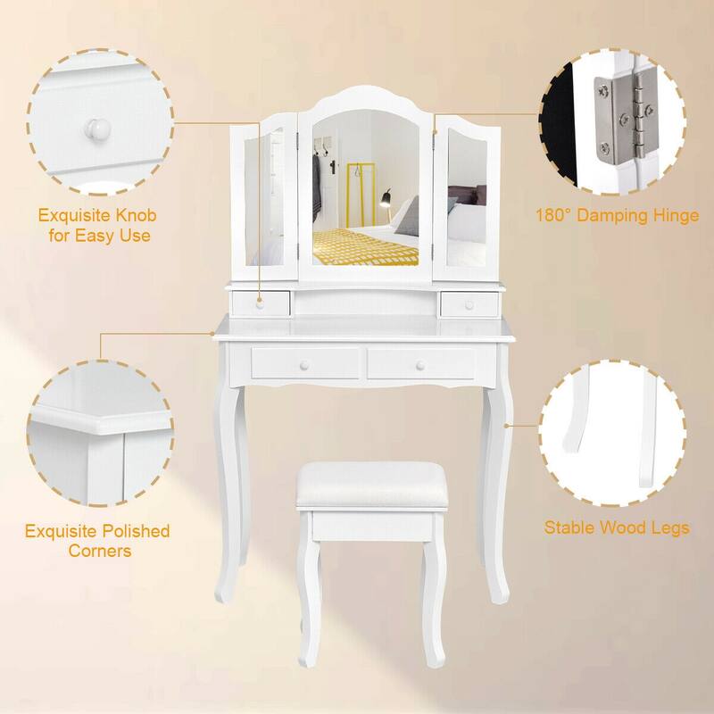 Gymax Bedroom Vanity Jewelry Makeup Dressing Table Set Folding Mirror - See Details