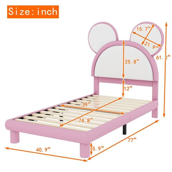 dimension image slide 1 of 2, Upholstered Platform Bed with Cartoon Ears Shaped Headboard, LED Light