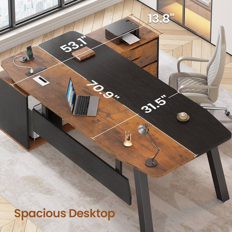 71" Executive Desk File Cabinet L Shaped Computer Desk Shelves