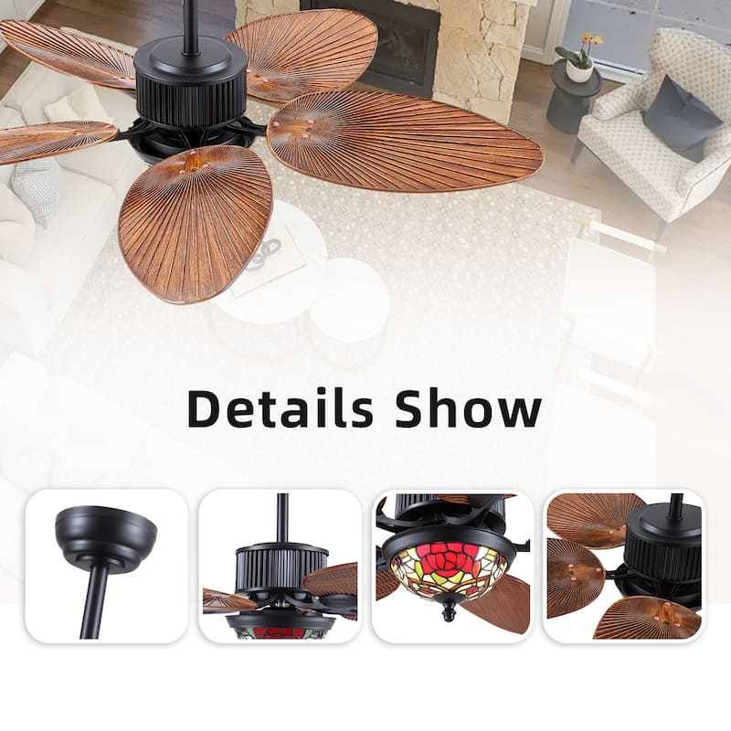 50" TiffanyTropical Ceiling Fan with 5 Palm Leaf Bllades and Vintage Cover Waterproof for Indoor and Outdoor Patio