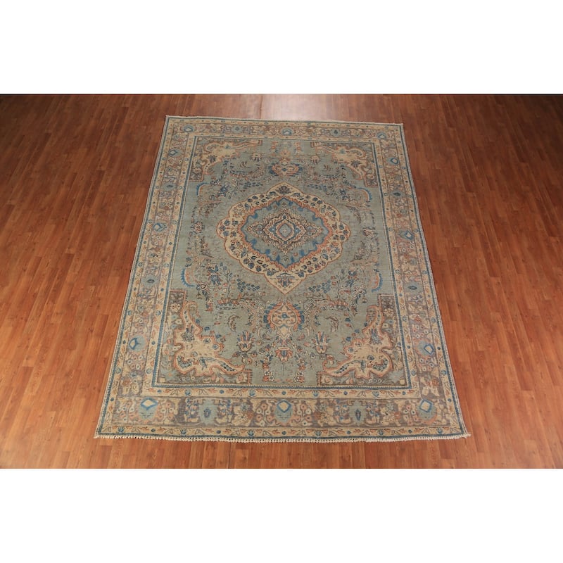 Distressed Blue Tabriz Persian Area Rug Hand-Knotted Wool Carpet - 8'1"x 11'0"