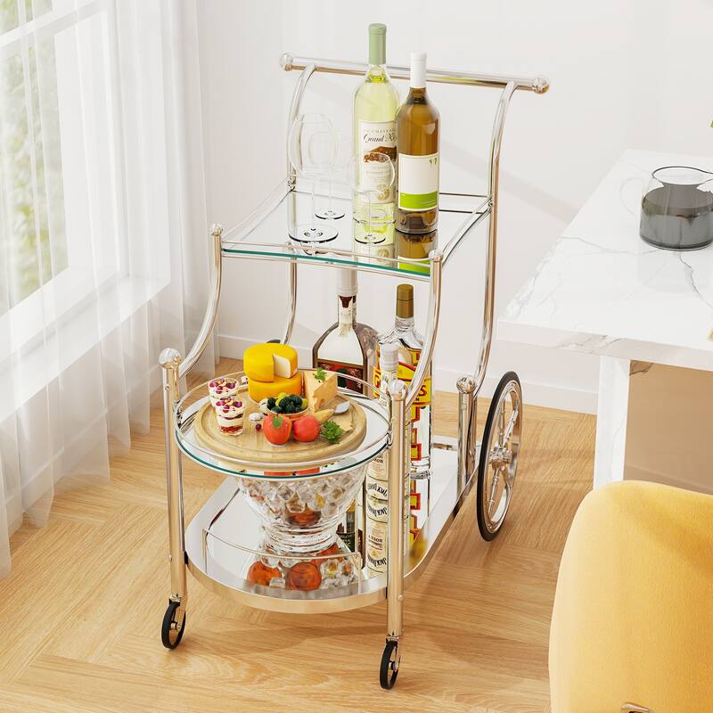 Gymax Bar Cart 3-Tier Home Bar Serving Cart on Wheels w/ Mirrored