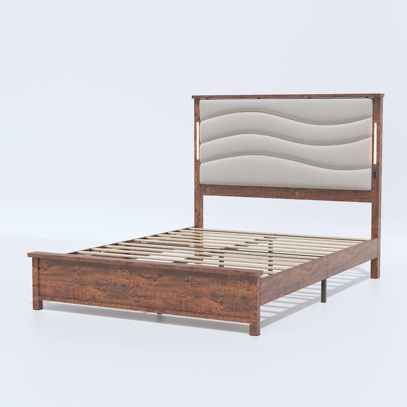 Queen Size Bed Frame with Upholstered Headboard, Charging Station, LED Lights, Wood Slats, No Box Spring Needed, Easy Assembly