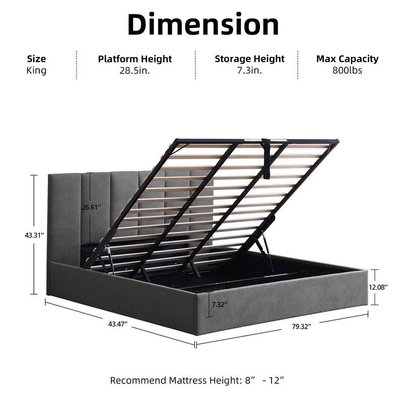 Modern Upholstered Lift-Up Storage Platform Bed with Headboard