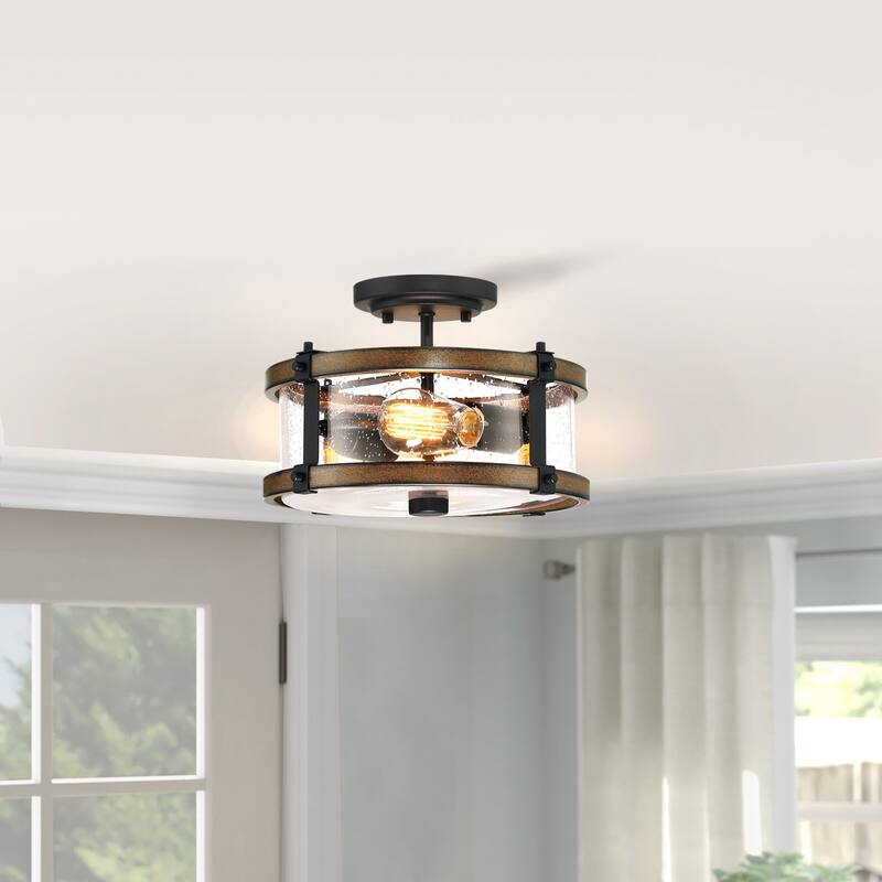 2-Light Semi Flush Mount with Matte Black and Barnwood Accents
