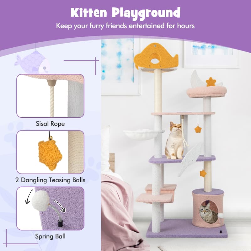 66 Inch Tall Cute Cat Tower with Sisal Covered Scratching Posts - 27" x 19" x 66"