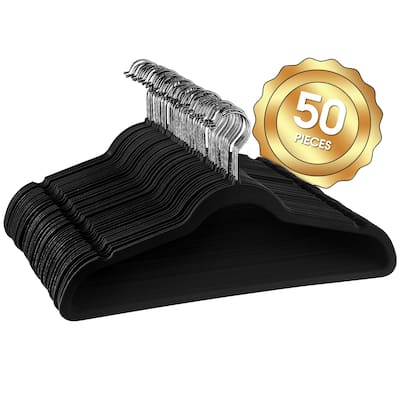 Elama Home 50 Piece Set of Flocked Velvet Clothes Hangers with Stainless Steel Swivel Hooks in Black
