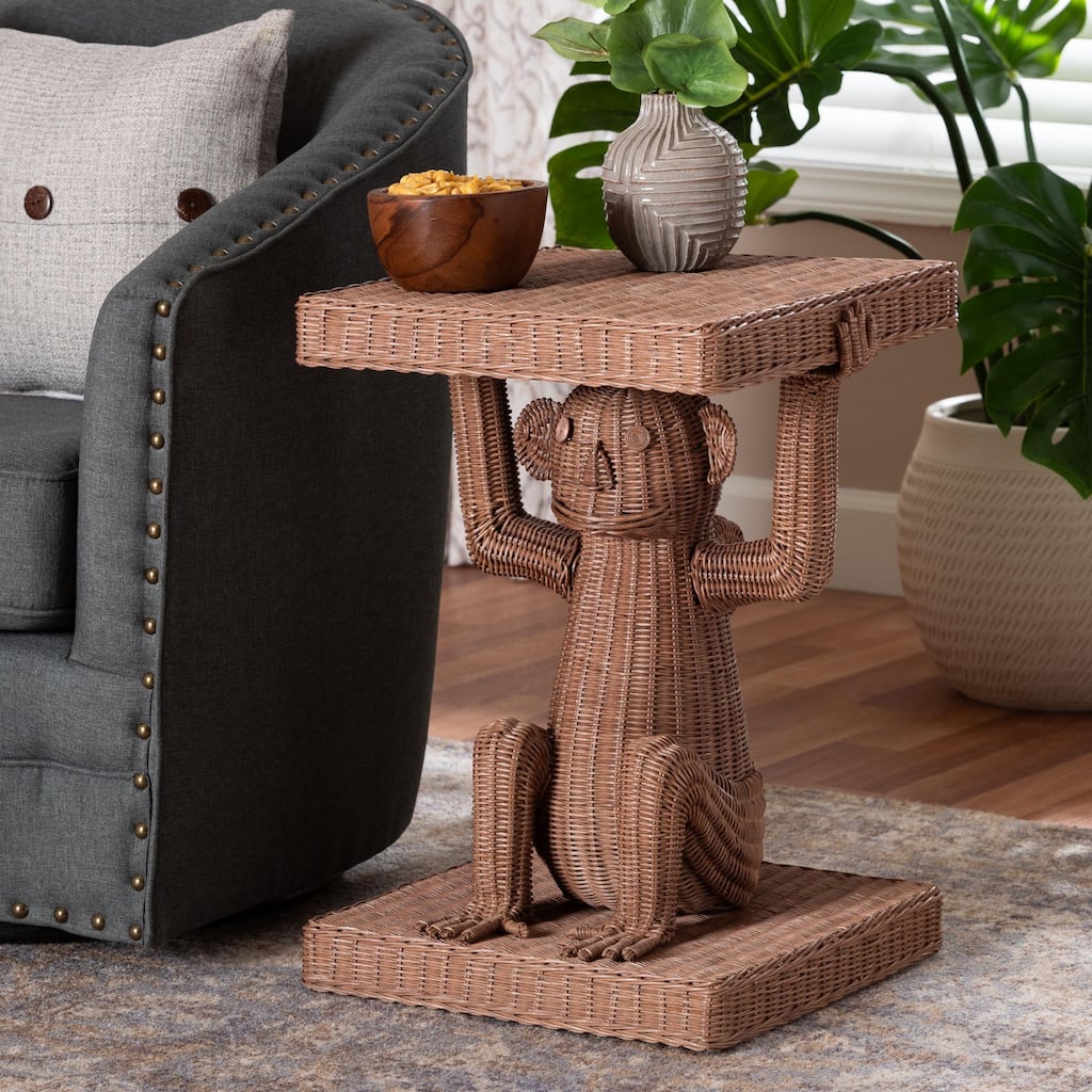Miyoco Monkey End Table - Handwoven Rattan Sculptural Accent Side Table with Platform Base