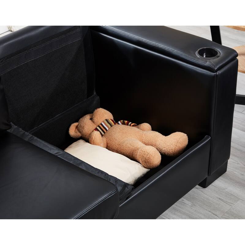 Faux Leather Upholstered Loveseat, Oversized 3 Seater Sofa with Square Arms, Deep Seat Sofa with Cup Holder & Storage