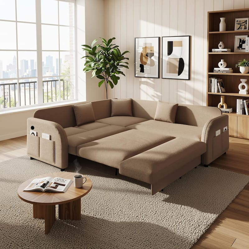 Homy Casa 85"/115" L-Shaped Sectional Sofa Bed USB & Side Pocket, Teddy Fabric Pull-Out Sleeper, Reversible Chaise, Multi Colors