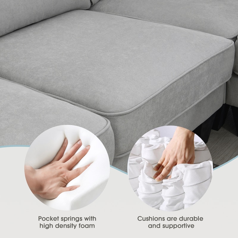 Grey 108" Modern U-Shaped 7-Seater Sectional Sofa Set with 3 Accent Pillows and Chaise, for Living Room