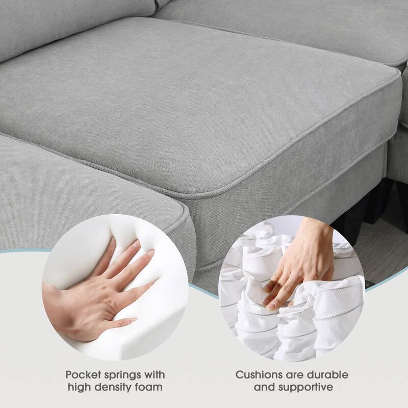 Grey 108'' Spacious U-Shaped 7 Seater Sectional Sofa Set with 3 Pillows and Chaise Ideal for Living Room, Apartment