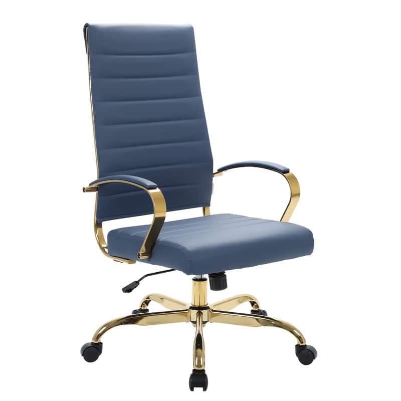 Benmar Ergonomic Ribbed Backrest Leather Executive Office Chair with Gold Frame, Adjustable Height, Tilt, Swivel, Smooth Casters