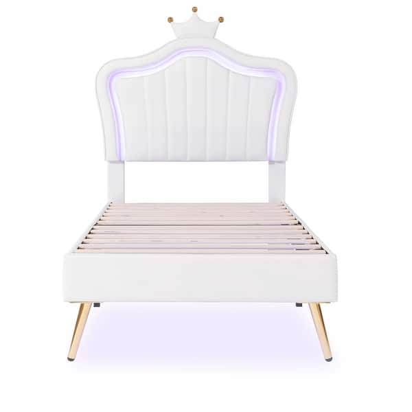 slide 2 of 13, Upholstered Bed Frame w/Crown Headboard & LED for Kids,White - Twin White