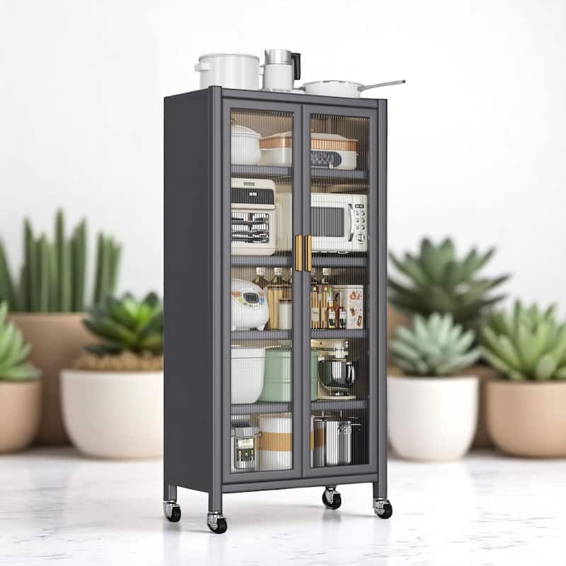 Floor-to-Ceiling Metal Kitchen Pantry Cabinet with Double Doors, Rolling Storage Shelf for Microwave and Bowls