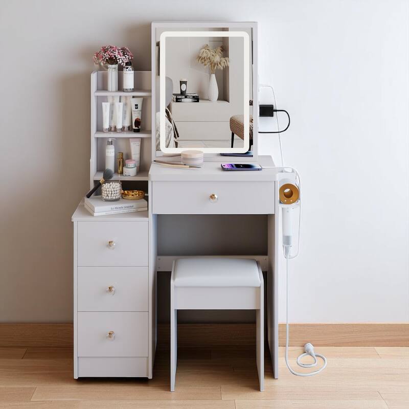 Compact Makeup Vanity with Power Outlets, Type-C Charging, Touch Mirror & Stool, 29.2" Dresser for Small Space - White