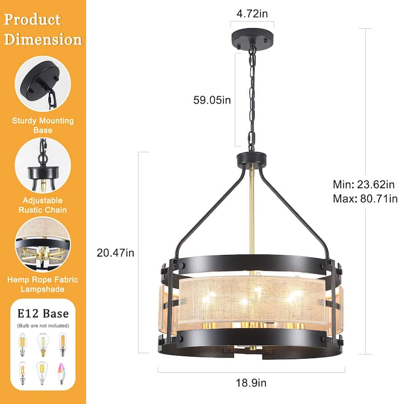 18.9inch 6-Light Farmhouses Chandelier with Metal and Hemp Rope Fabric Patchwork Frame for different rooms