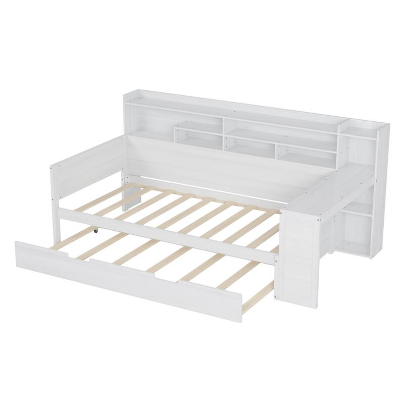 Wooden Daybed Platform Bed with Recessed Desk Storage Shelves and Twin Size Trundle Bed Under Bed for Compact Spaces, Bedroom