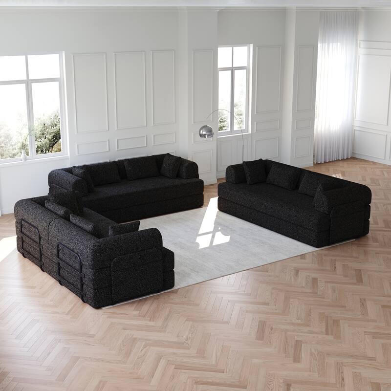 Anmytek 78.7" Chenille Convertible Sleeper Sofa Bed - 3PCS with Cylindrical Pillow & Side Pocket - Black