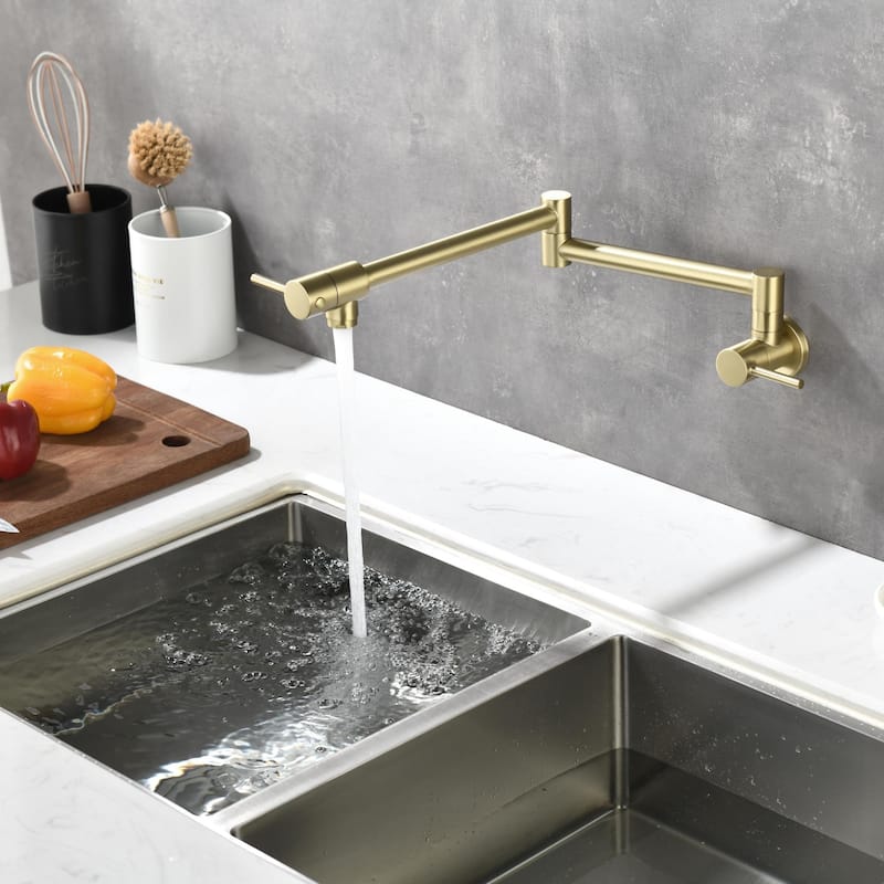 2-Handle Wall Mounted 180°horizontal rotation Pot Filler in Brushed Gold