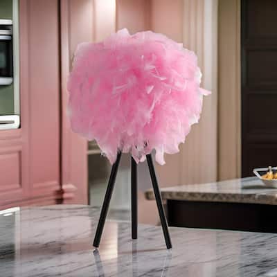 Rio 21 Inch Accent Table Lamp, Pink Feather Shade, Black Metal Tripod Base