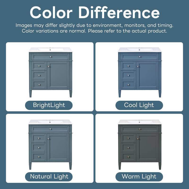 GDFStudio - Halmore Modern Freestanding Bathroom Vanity with Resin Sink, 2 Storage Drawers and a Tip-Out Drawer - 30'W