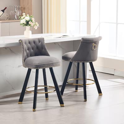 Versatile Velvet Tufted Bar Chairs Set of 2 Swivel Bar Stools with Back Pull Ring, Rivet Decoration and Wooden Square Foot