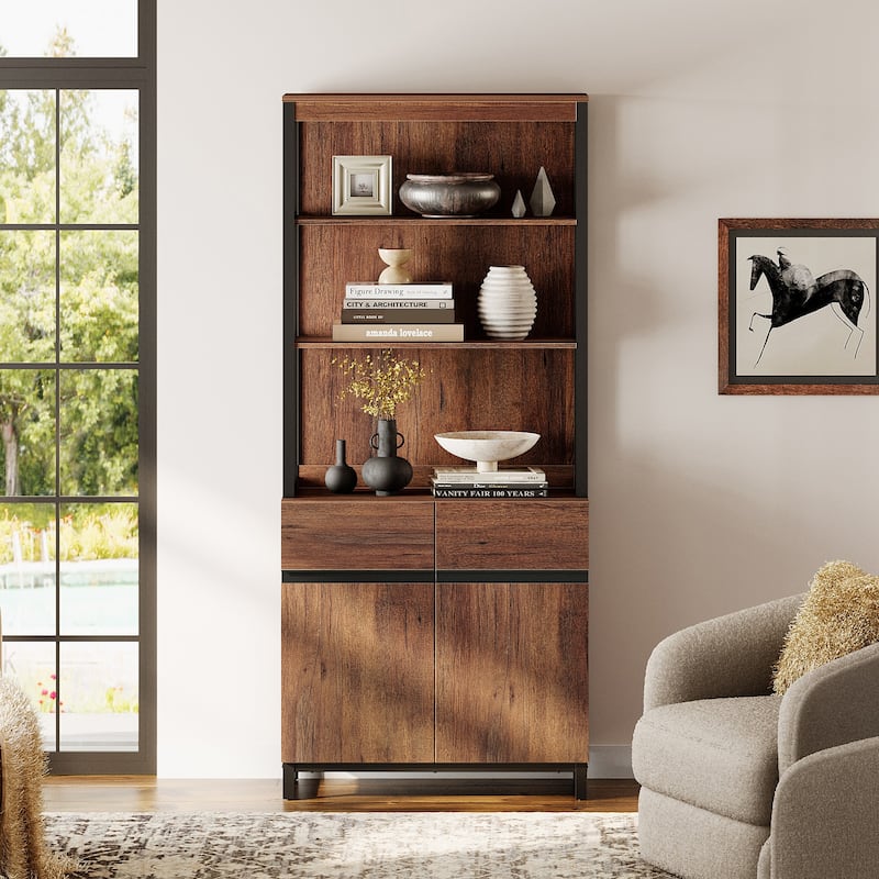 WAMPAT Modern 72" Tall Bookcase with Metal Base and Adjustable Shelves, Library Book Shelf with Storage Cabinet - Brown - 1 Piece