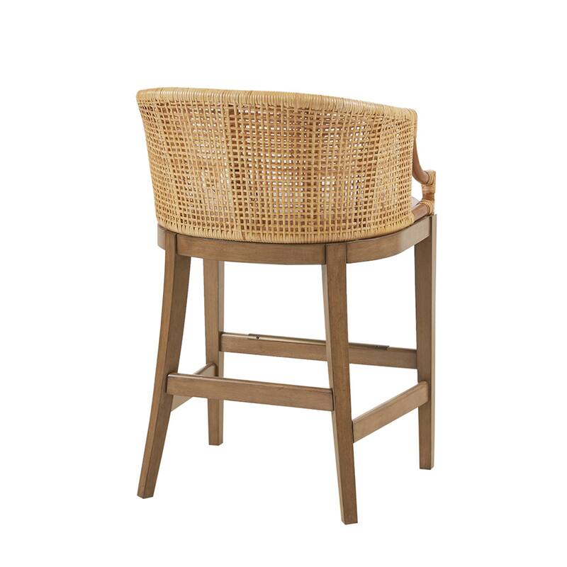 Roomfitters Playa 25-Inch Handcrafted Rattan Counter Stool, Upholstered Seat with Recessed Arms and Bronze Kickplate, Natural