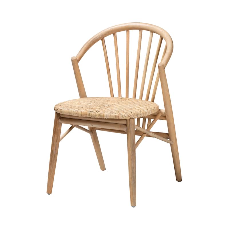 Kobe Mid-Century Modern Natural Brown Finished Wood and Rattan Dining Chair - Natural Brown