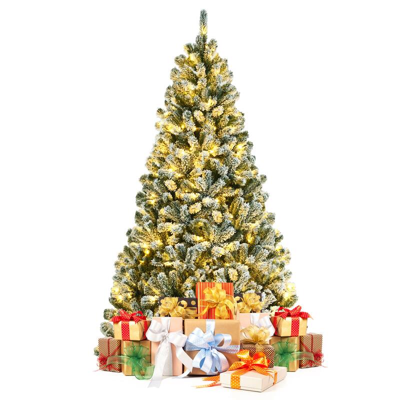 Gymax 6/7/8 FT Pre-lit Artificial Christmas Tree Snow Flocked Full - 6 Foot