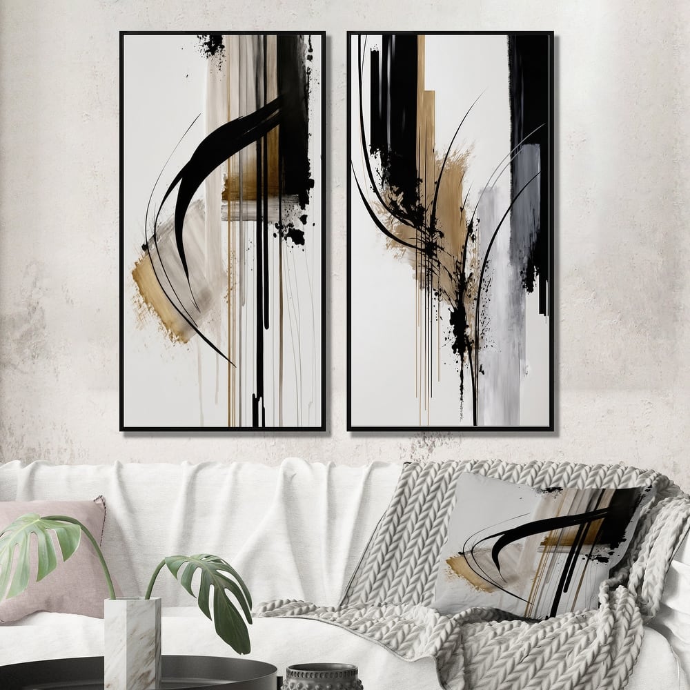 Designart "Black, White And Gold Expression I" Abstract Framed Canvas Set Of 2 For Living Room Decor