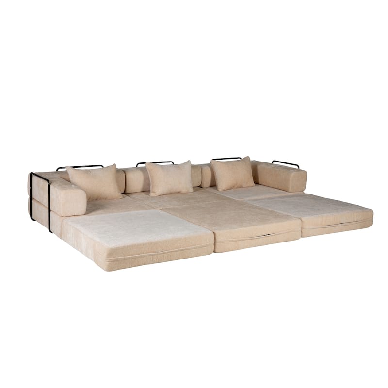 Free Combination Lazy Folding Sectional Sofa Chenille Modular Sleeper Sofa Bed Floor Standing Compression Mattress
